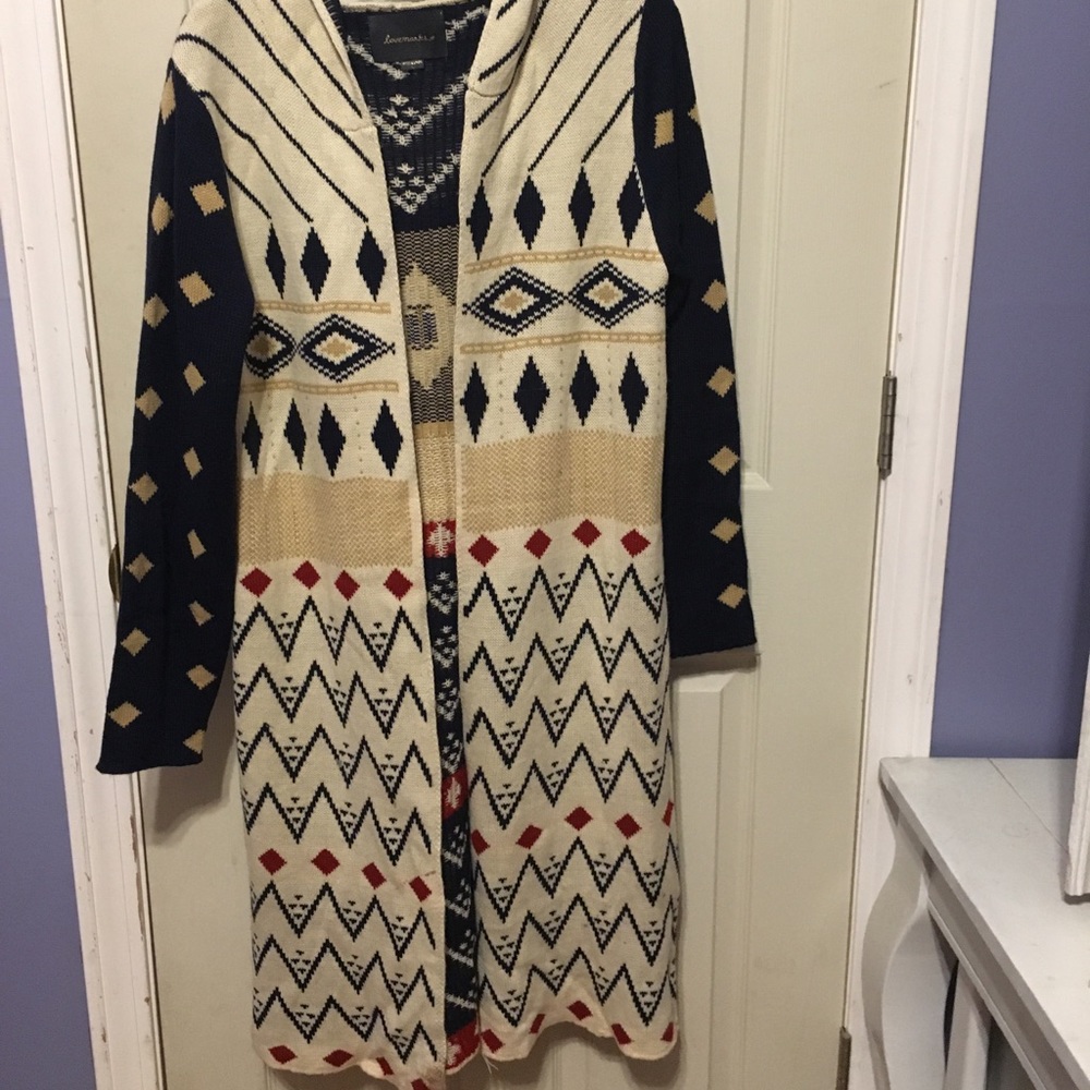 Floorlength patterned cardigan with hood
